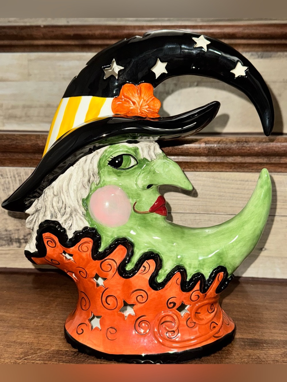 🥰 RARE-Blue Sky Clayworks Witch 🧙♀️ Ceramic Candle Holder 12in Hand Painted